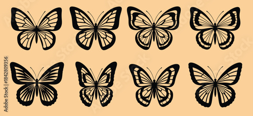 Collection of eight stylized black and white butterfly outlines with intricate wing details
