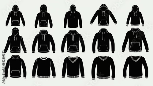 Collection of Black Hoodies and Sweatshirts Front View Mockups.