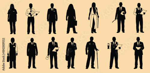 Diverse silhouettes of professionals in business attire standing against white background