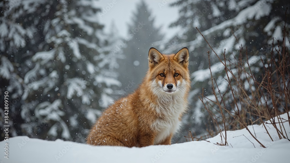 Naklejka premium A fox in the snow with evergreen trees in the background during winter. Wilderness and nature scene. Wildlife and animal habitat. The scene captures the natural environment of the fox.