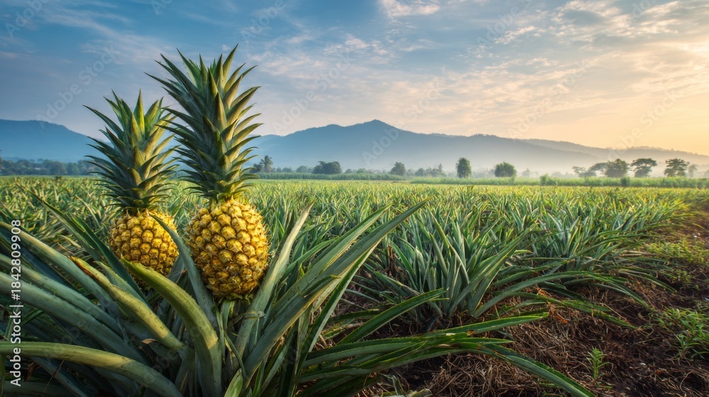 Fototapeta premium Golden ripe pineapples growing in lush tropical farmland with mountain sunrise scenery