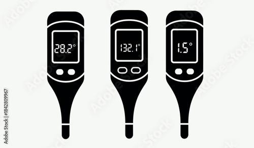 Digital thermometer illustrations with varied temperature readings displayed
