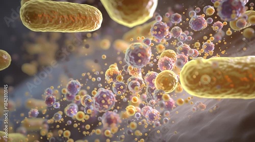 Conceptual scientific animation showing antibiotic molecules attacking and breaking bacterial cell walls, causing bacteria to weaken and disintegrate. Clear medical and microbiology visualization.

