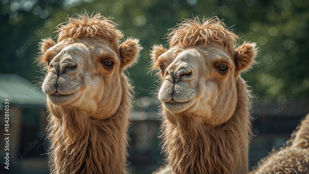 Fototapeta premium Two camels with expressive faces, one winking, in a natural outdoor setting with greenery in the background.