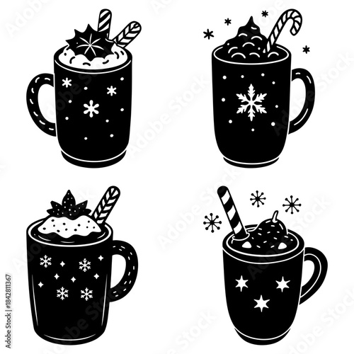 Four mugs with hot beverages and marshmallows