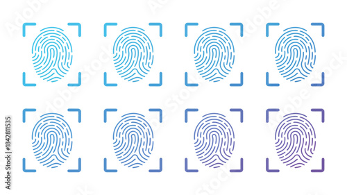 Futuristic fingerprint scan icon vector designed for advanced UI layouts, mobile app interfaces, digital security themes, biometric authentication screens, and modern technology-focused 