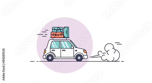 Stylized illustration of a white compact car carrying luggage on the roof as it speeds along a road with motion lines and a soft purple circular backdrop.