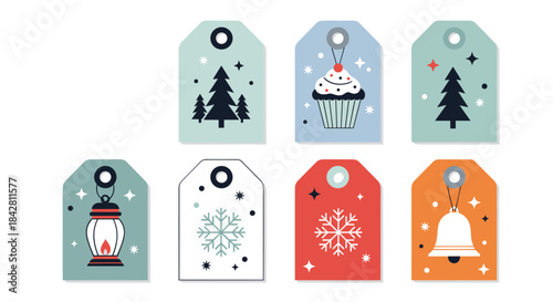 Set of festive gift tags featuring winter holiday icons such as trees lanterns snowflakes a cupcake and a bell in soft pastel colors.