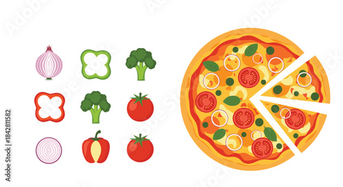 Colorful vegetables including onion bell pepper broccoli and tomato displayed beside a large pepper topped pizza with a slice removed.
