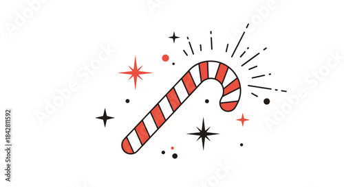Festive red and white striped candy cane glows among bright sparkles and radiant starbursts in a playful holiday scene that evokes warmth joy and wonder.