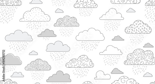 Seamless pattern featuring hand drawn clouds and raindrops in a soft monochrome palette suitable for textiles backgrounds and graphic design projects.