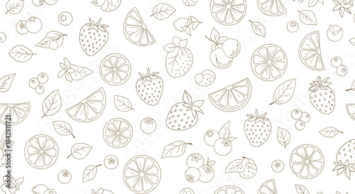 Seamless pattern of hand drawn citrus fruits and berries including lemons oranges limes strawberries cherries and leaves on a light neutral background.