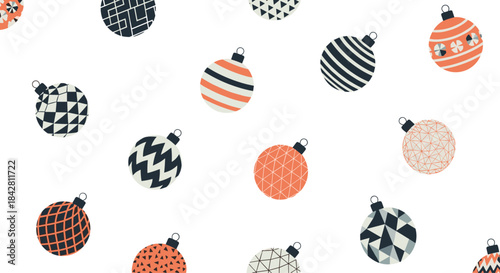 Vivid patterned Christmas ornaments float on a clean white background forming a playful festive display with geometric stripes chevrons and crosshatch designs.