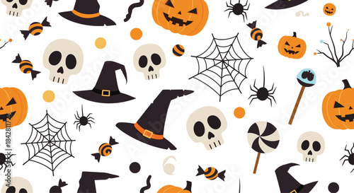 Playful halloween pattern featuring pumpkins carved as jack o lanterns skulls witch hats cobwebs spiders bats and assorted candy scattered across a festive scene.