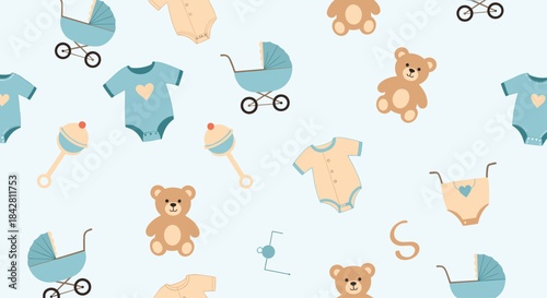Soft pastel collage of baby items including teddy bears onesies strollers rattles pacifiers and booties scattered across a pale blue background.