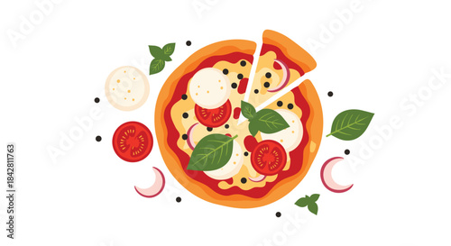 Colorful pizza topped with tomatoes basil cheese and olives shown from above with sliced pieces and scattered herbs creating a vibrant appetizing presentation.