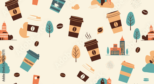 Vibrant seamless pattern of takeaway coffee cups city buildings trees and autumn leaves in warm tones scattered across a pale background.