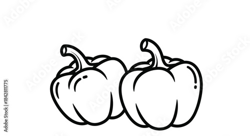 Two bell peppers sit side by side in a simple black line drawing highlighting their curved stems and rounded lobes in a clean illustration.