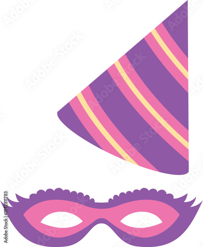 A pink and yellow striped party hat sits on top of a pink