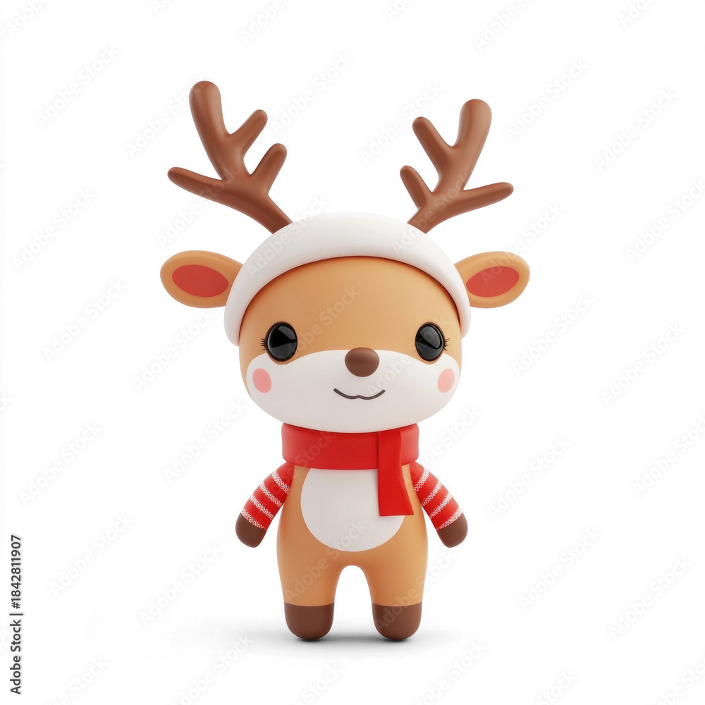 Fototapeta premium A cute, cartoonish reindeer with a red scarf and white hat, standing png transparent