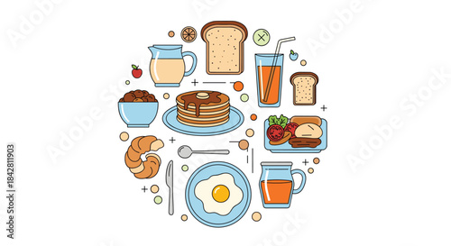 Colorful breakfast spread with toast pancakes eggs croissants juice milk fruit and pastries arranged in a bright circular collage for a cheerful morning meal.