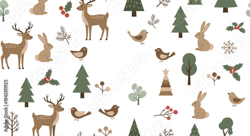 Woodland animals including deer rabbits birds and trees form a charming repeating winter scene with holly berries and pine shapes for decorative patterns