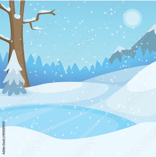 A winter scene with a blue pond and a tree with snow on it