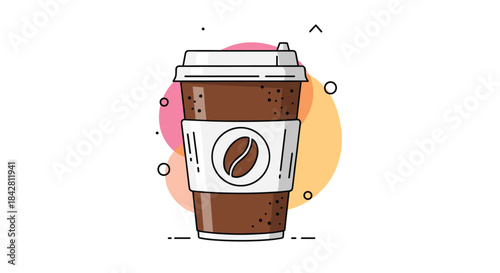 Coffee cup illustration featuring a to go brown paper cup with a white lid and sleeve set against pink and orange abstract shapes.
