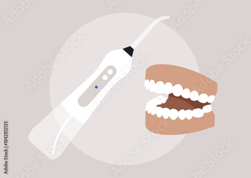 A dental hygienist utilizes an irrigator cleaning tool alongside a detailed jaw model, demonstrating effective dental care practices in a contemporary clinic setting