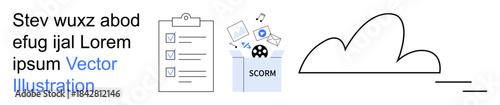 E-learning, file management, online education, cloud storage, data organization, and compliance tracking. Checklist, SCORM file and data cloud icon. E-learning and file management visualization