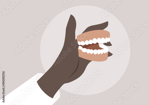 A dentist demonstrates a model of the human jaw, showcasing teeth alignment and dental structure