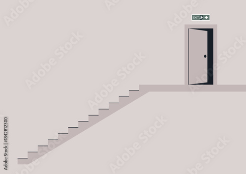 Stairway leading to an exit door with a clear sign, inviting a journey toward freedom and new beginnings in a minimalist setting