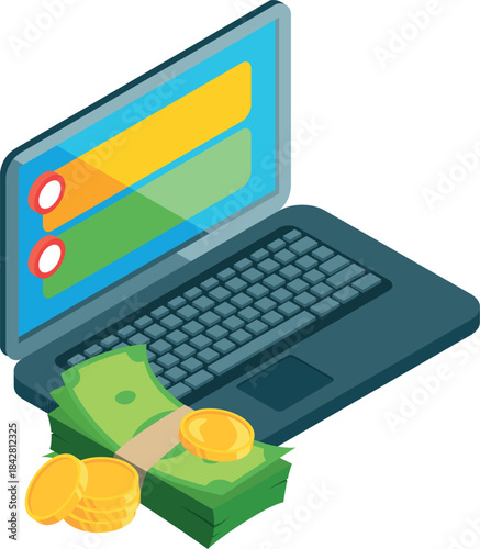 A laptop with a stack of cash and coins on top of it