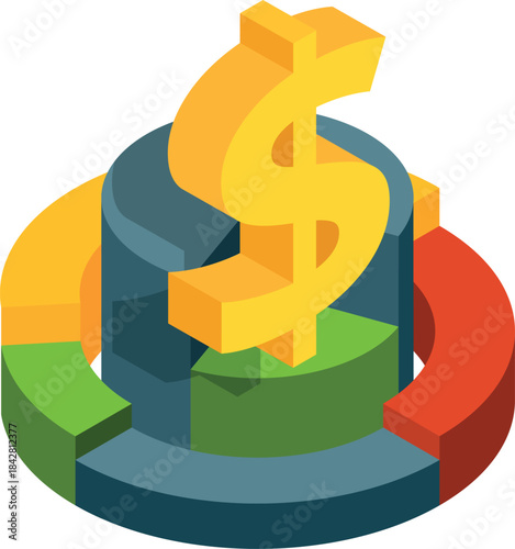 A yellow dollar sign is on top of a multi-colored pie chart