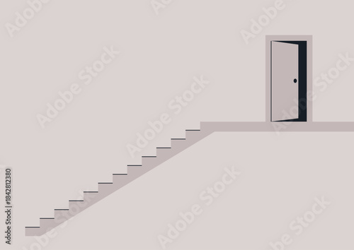 A simple yet captivating scene shows a staircase leading to an open door, inviting curiosity and a sense of adventure in a calm, muted atmosphere