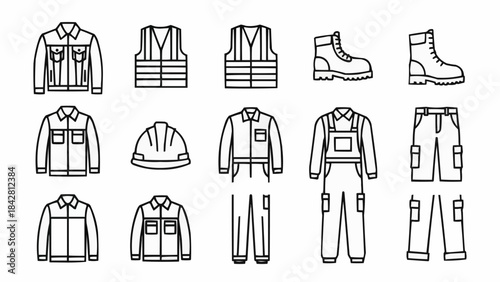 Collection of workwear and safety gear line art icons for various industries.