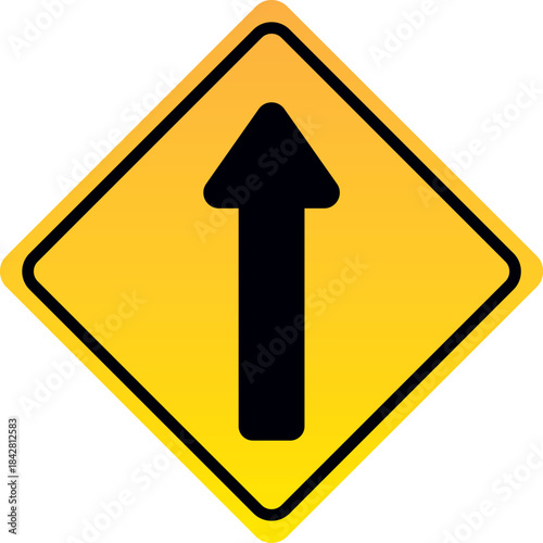 Yellow diamond warning sign with a black arrow pointing straight up representing forward direction or a straight road ahead isolated on white background
