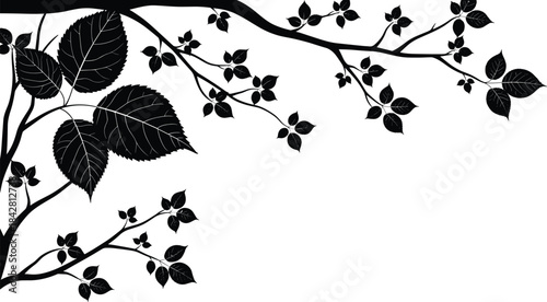 Black and White Corner Tree Branch and Leaf Silhouette Vector Illustration, Nature Decorative Element, Abstract Floral Design for Print, Web, or Wallpaper Background