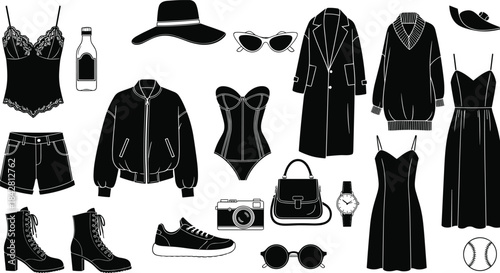 Black and White Fashionable Female Wardrobe Essentials, Accessories, and Lifestyle Items Vector Illustration Collection; Modern Woman's Clothing, Shoes, Hats, Sunglasses, Bags, and Gadgets Set.