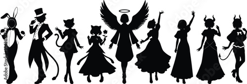 Black and white monochrome silhouettes of fantasy characters including angel, devil, bunny girl, cat girl, and elegant people in various poses, vector graphic