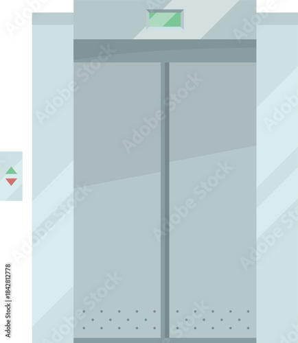 A silver elevator with a green light on the door