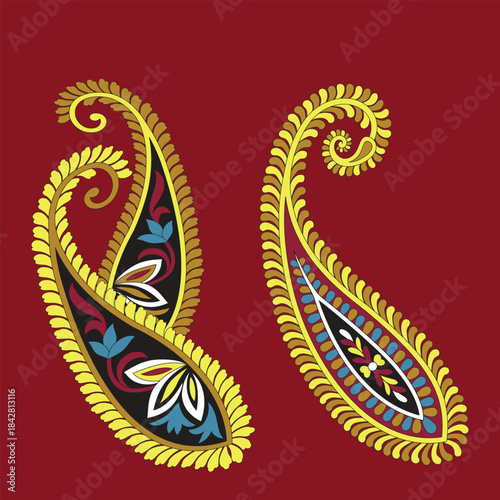 two paisley designs on a red background
