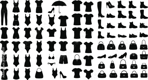 Collection of Black Silhouettes Outfits and Accessories for Women, Including Clothing, Shoes, Bags, and Swimwear, Perfect for Fashion Design Mockups and E-commerce Vector Graphics