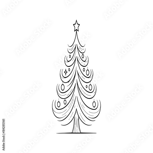 Detailed black and white line art illustration of a festive Christmas toy train carrying a Christmas tree, 
