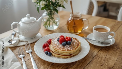 Wallpaper Mural A stack of pancakes with berries on a plate, accompanied by a teapot, honey jar, and a cup of coffee or tea on a wooden table. Torontodigital.ca