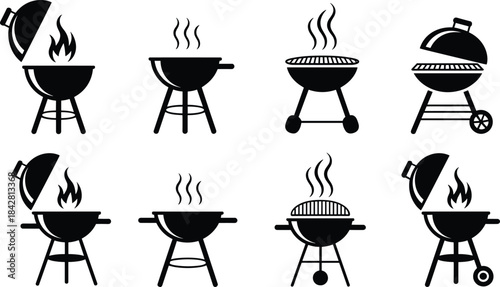 Barbecue grill, icon, silhouette, black, cooking, flame, steam, outdoor, equipment, vector, design, lid, open, closed, wheels, handle, grate, food, illustration, style