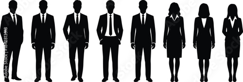 Business professional silhouettes standing in formal attire, corporate teamwork concept, diverse executives, leadership unity, office workforce illustration
