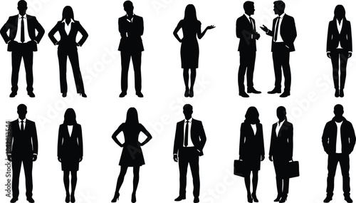 Business professionals standing, posing, and communicating in various corporate scenarios, including leadership, discussion, confidence, teamwork, presentation, and workplace interaction