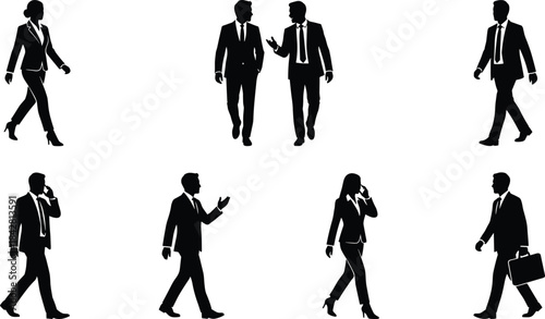 Business professionals walking, talking, commuting, and communicating on phones in corporate environments, showcasing workplace interaction, mobility, confidence, and leadership