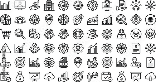 Business, finance, analytics, strategy, leadership, teamwork, growth, investment, planning, management, research, reporting, productivity and corporate development icons